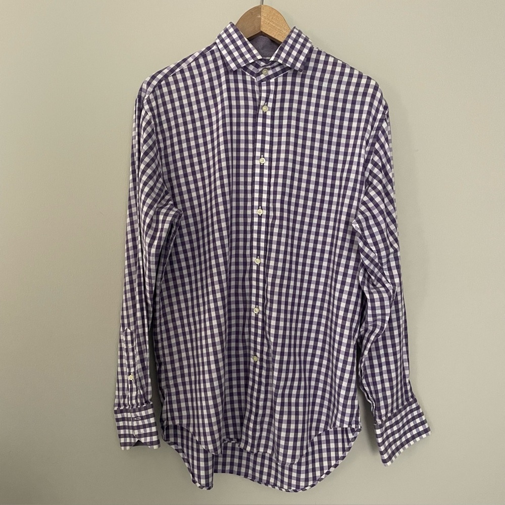 Thomas Dean Jack Stone Purple White Gingham Cotton Button-Up Dress Shirt Men’s M